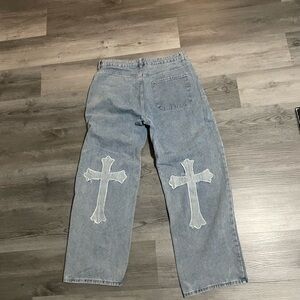 Men's Blue Jeans with Cross Design